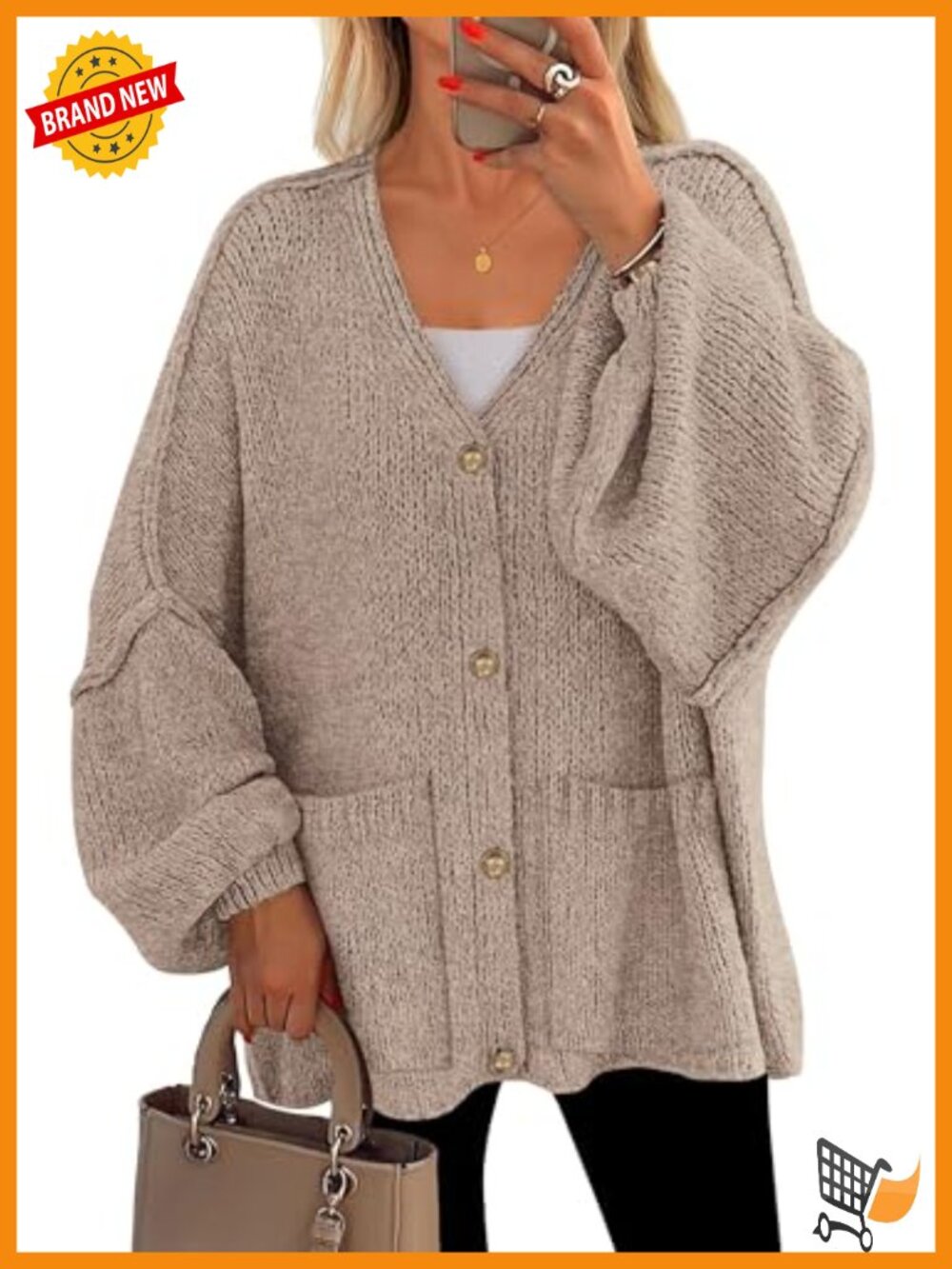Oversized Chunky Cardigan V-Neck Lantern Sleeve Button Down Sweater